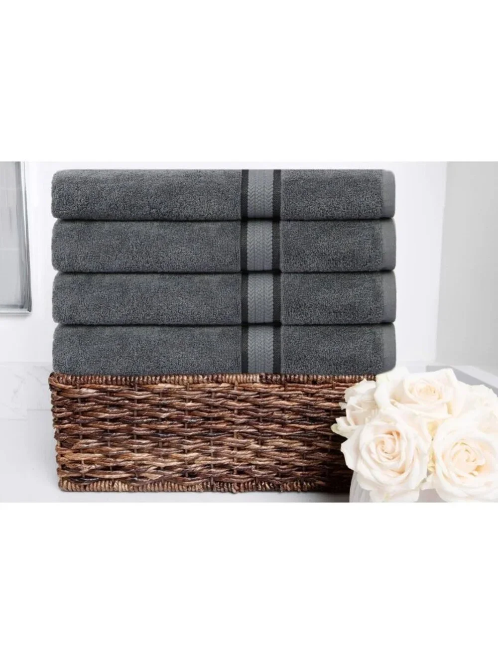 Ultra Soft Extra Large Bath Towels 4 Pack - 100% Cotton, Luxurious Trim
